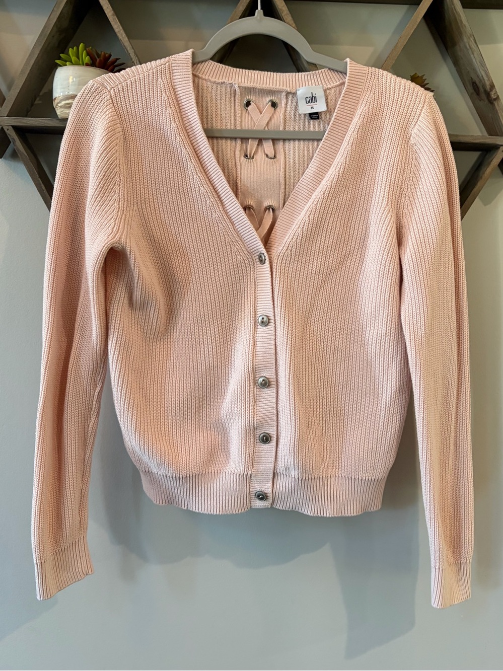 CAbi Eliza pink cardigan sweater ribbed back lace-up detail. Size medium.